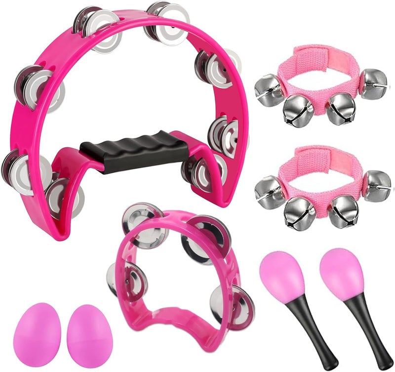MOONBACK 8 Pcs Tambourines for Adults Metal Jingles Hand Held Percussion Half Moon Tambourine, 4 Bells Tambourine, Wrist Bells, Egg Shakers, Sand Hammer, Hand Percussion Instrument Set for Party, KTV, Church - Image 1